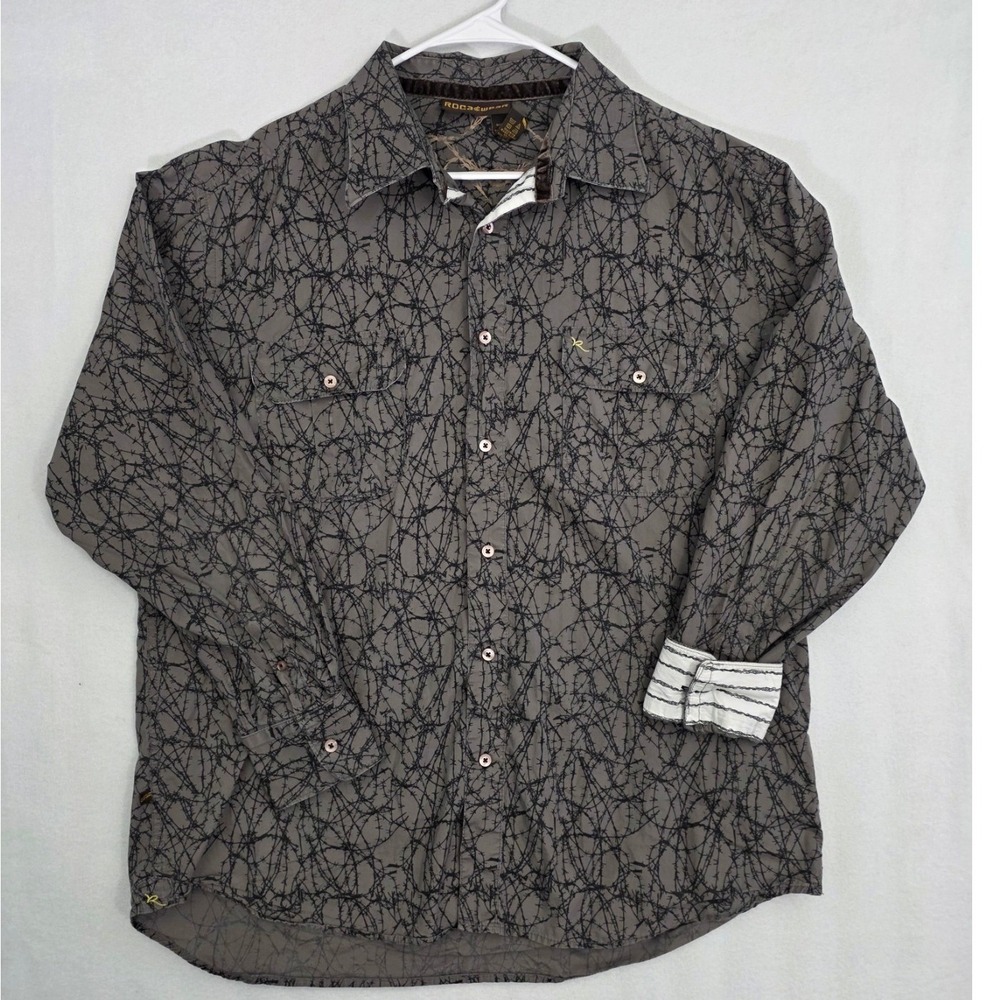 Rocawear Barbed Wire Print Button Down Shirt XL Gray Cotton Y2K Streetwear